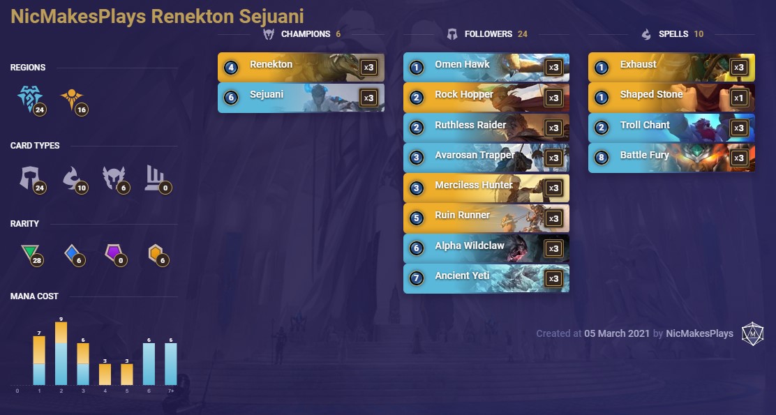 NicMakesPlays Renekton Sejuani (LoR Deck)