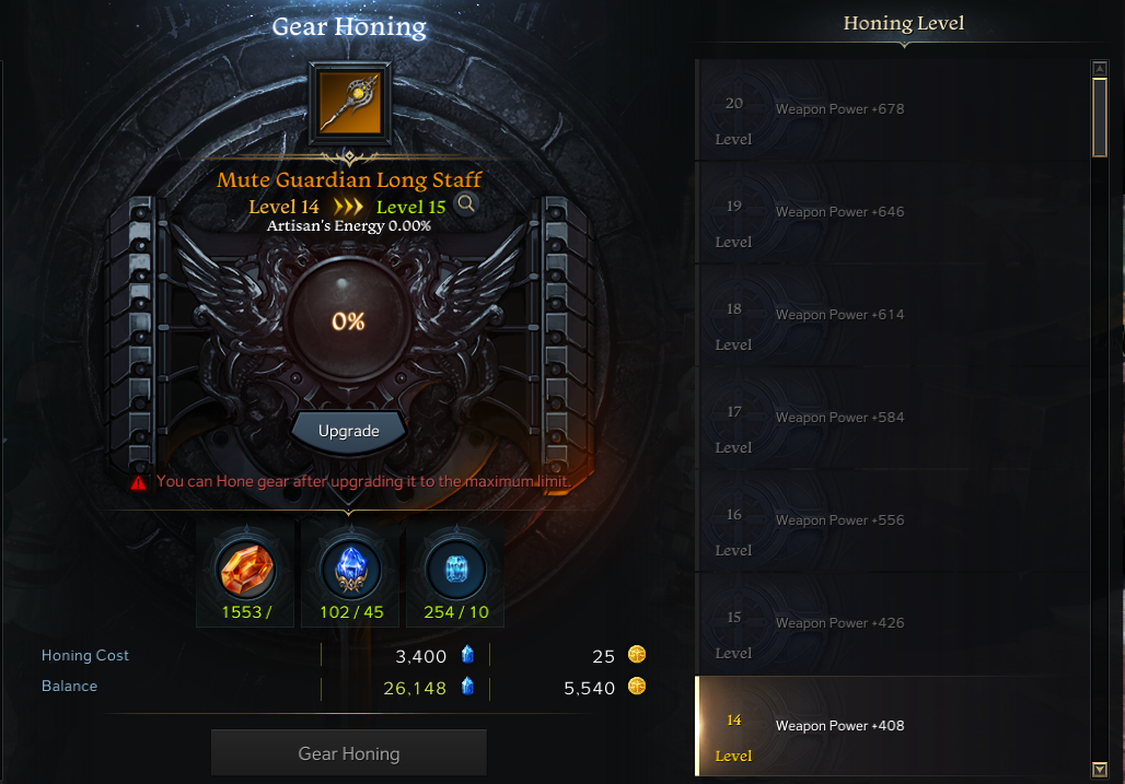 lost ark gear honing